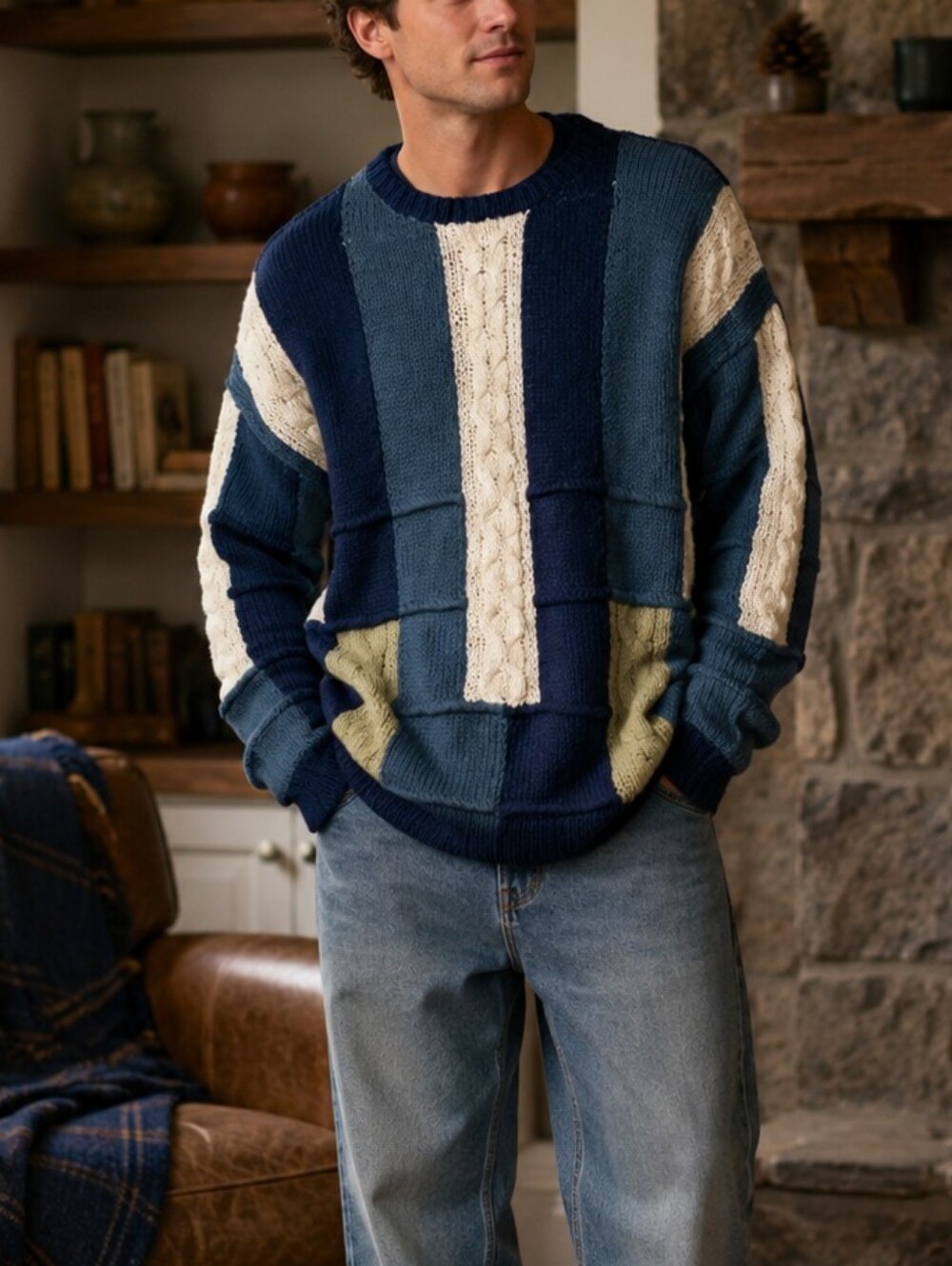 Vintage Hand Knit Patchwork Cable Knit Sweater XL Grandpa Core